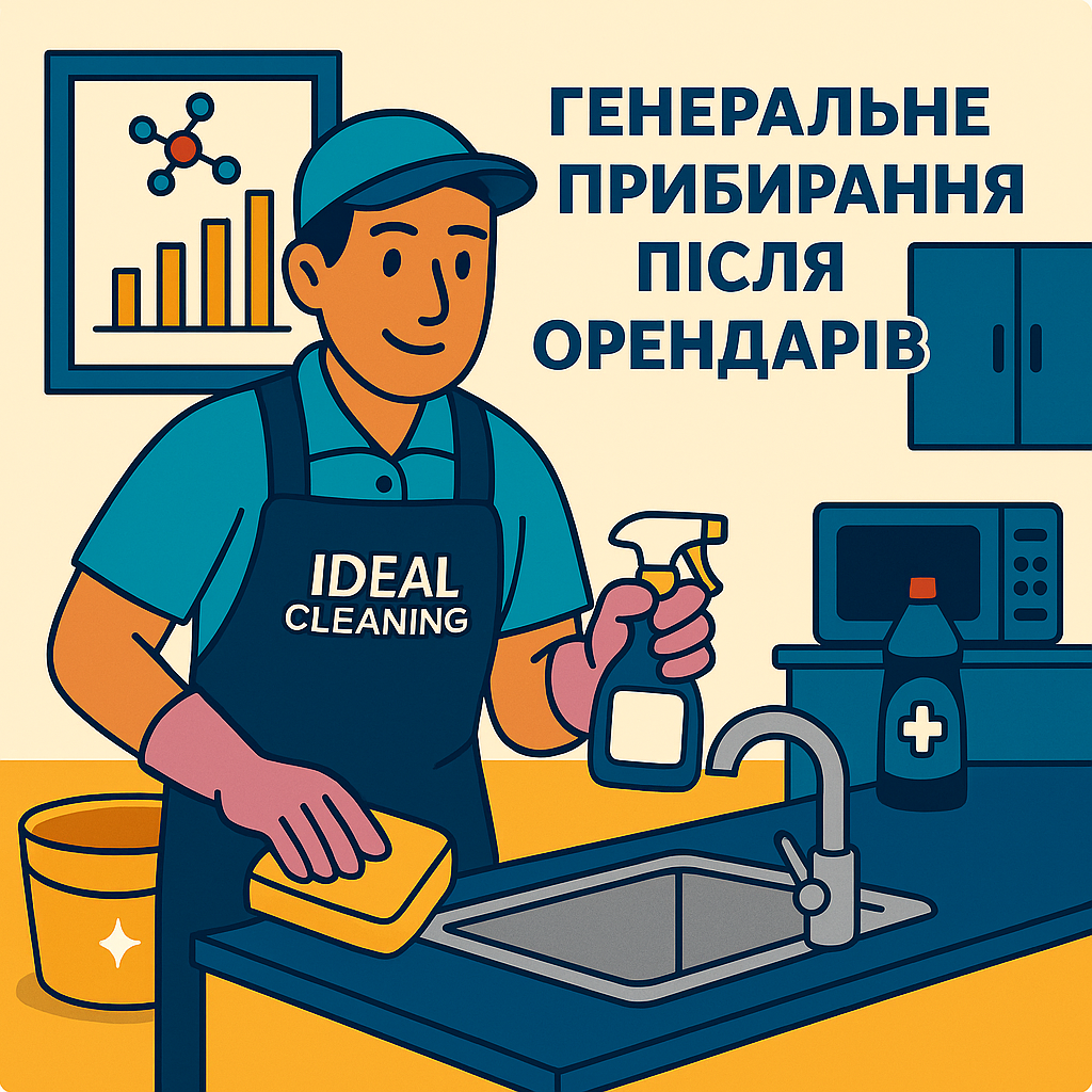 Клінер IDEAL CLEANING прибирає кухню після орендарів: миє раковину, тримає розпилювач і губку. На фоні — напис «Генеральне прибирання після орендарів».