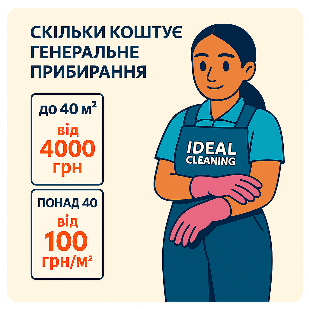 Клінер IDEAL CLEANING поруч із двома ціновими плитками: до 40 м² — від 4000 грн, понад 40 м² — від 100 грн/м². На фоні — заголовок “Скільки коштує генеральне прибирання”.