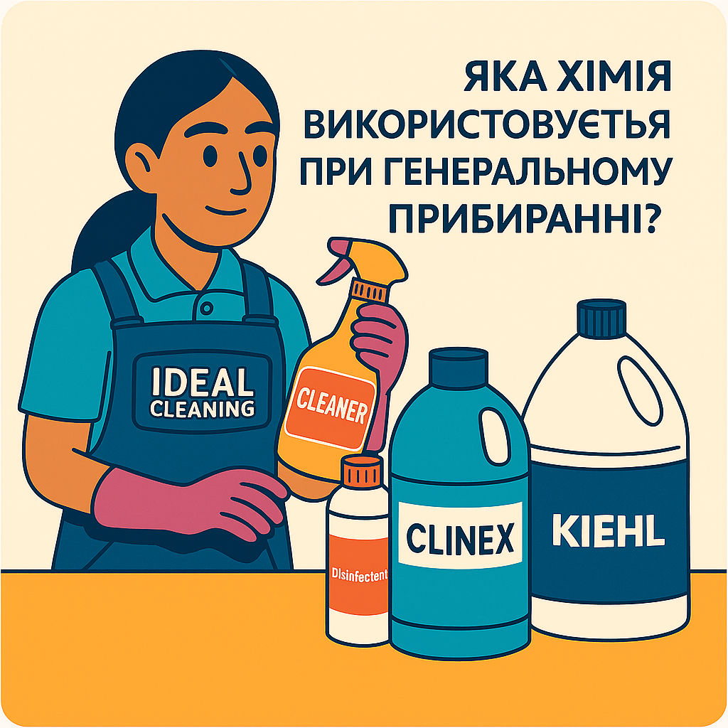 Клінер IDEAL CLEANING тримає професійну хімію; на столі засоби Clinex і Kiehl. Заголовок: «Яка хімія використовується при генеральному прибиранні?»
