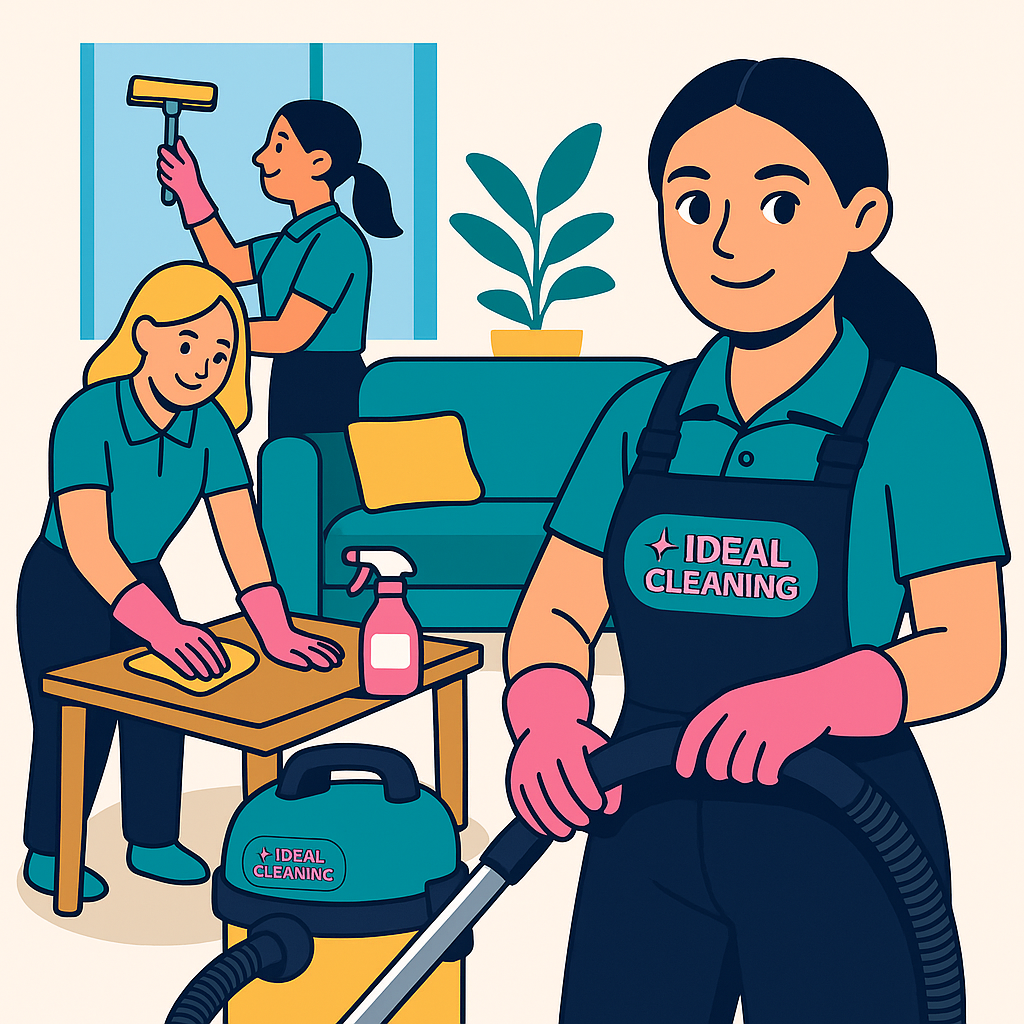 Три клінери IDEAL CLEANING прибирають кімнату: пилососять, миють вікна і стіл