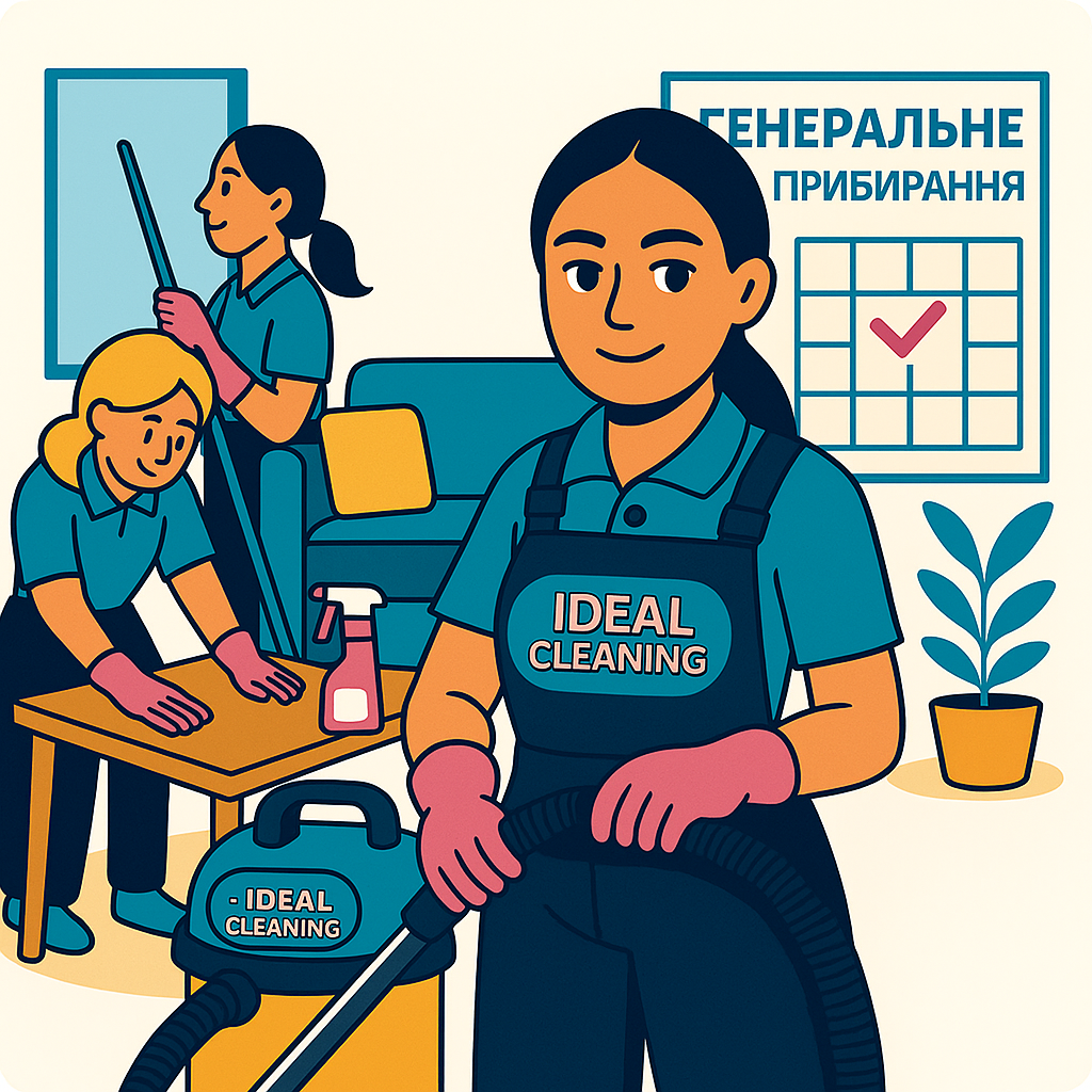 Троє клінерів IDEAL CLEANING прибирають кімнату; на стіні — календар із позначеним днем генерального прибирання.