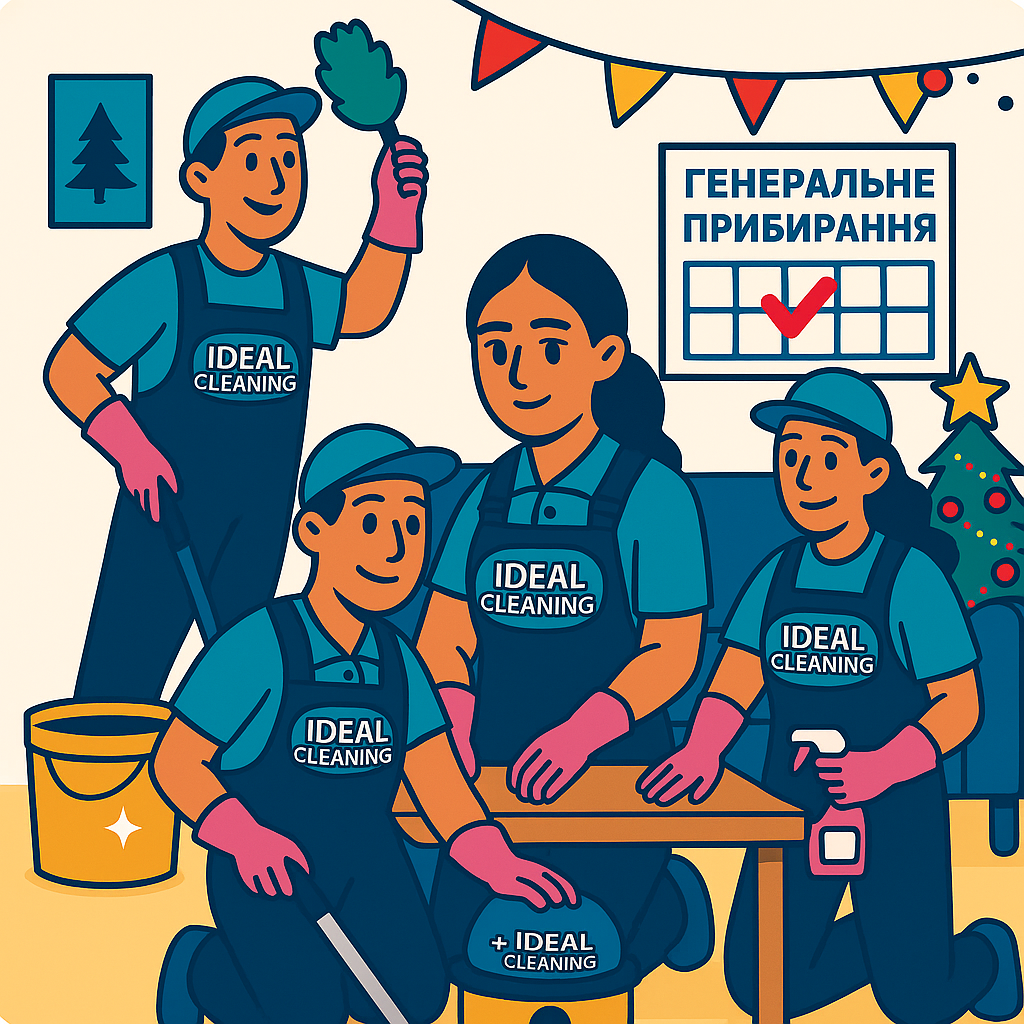 Клінери IDEAL CLEANING прибирають кімнату перед святами, на стіні — календар із позначеною датою прибирання