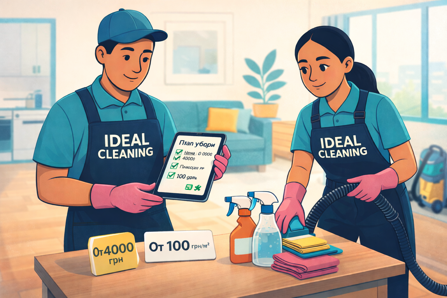 Клинеры IDEAL CLEANING: девушка готовит тряпки и средства на столе, рядом на фоне пылесос; мужчина с планшетом рассчитывает стоимость генеральной уборки.