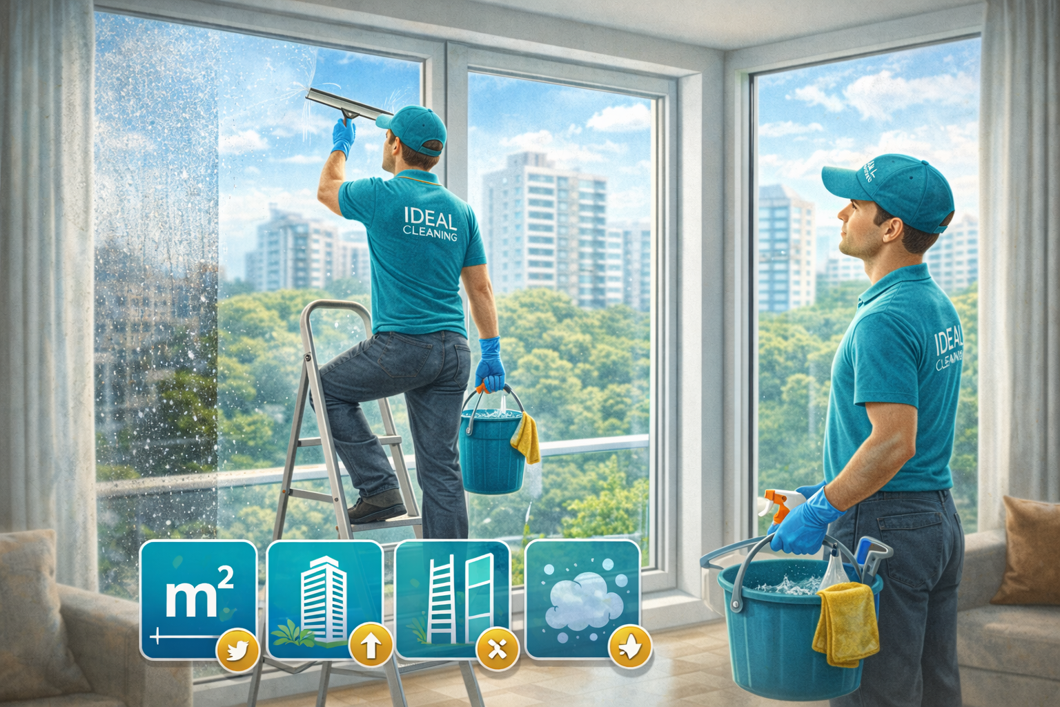 Професійне миття панорамних вікон у квартирі — працівники IDEAL CLEANING очищують скло з обох сторін.