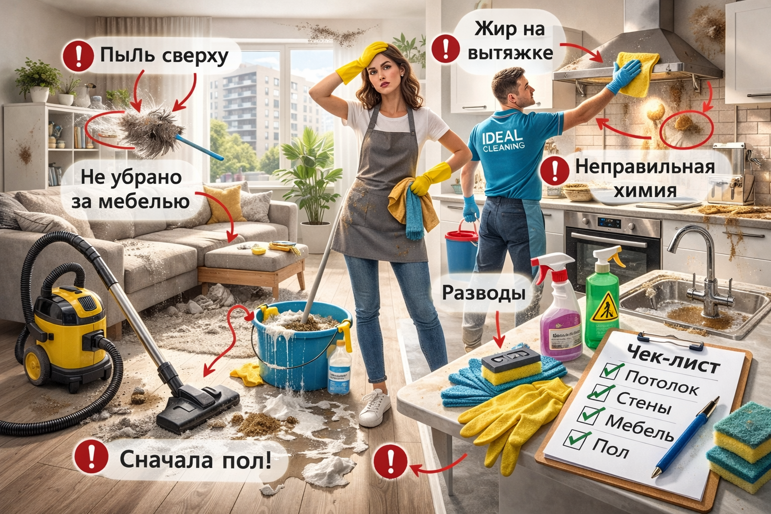 ошибки при генеральной уборке квартиры — неправильная последовательность уборки, неподходящая химия и пропущенные зоны