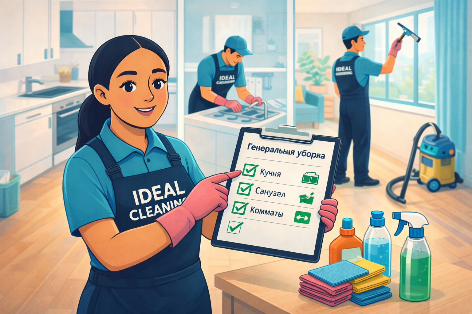 Генеральная уборка квартиры: клинер IDEAL CLEANING показывает чек-лист работ — кухня, санузел и комнаты