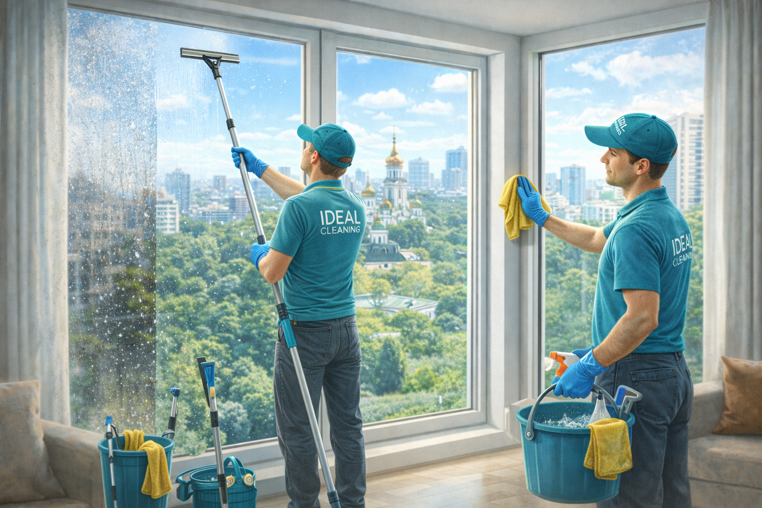 Професійне миття панорамних вікон клінінговою командою IDEAL CLEANING у квартирі.