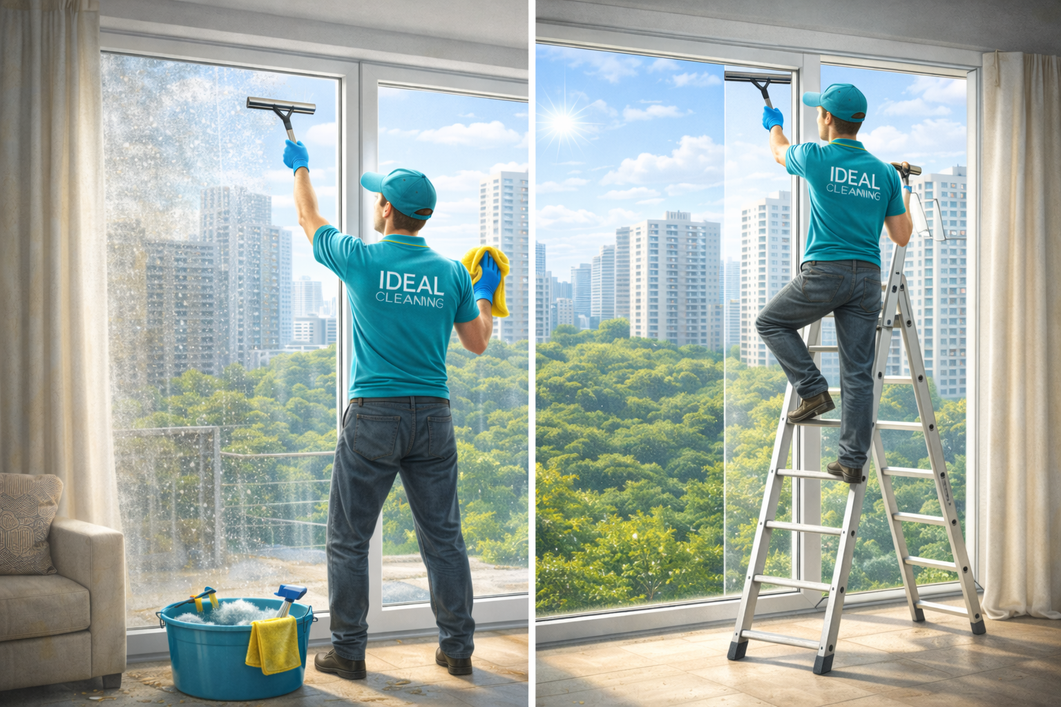 Професійна мойка панорамных окон клинерами IDEAL CLEANING в квартире.