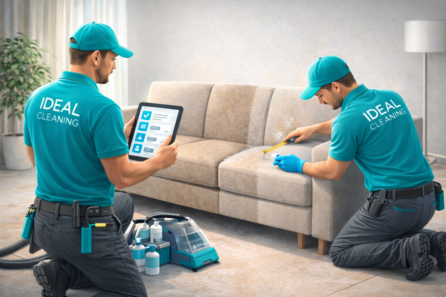 Оценка стоимости химчистки дивана: мастер IDEAL CLEANING измеряет диван и отмечает зоны загрязнений.