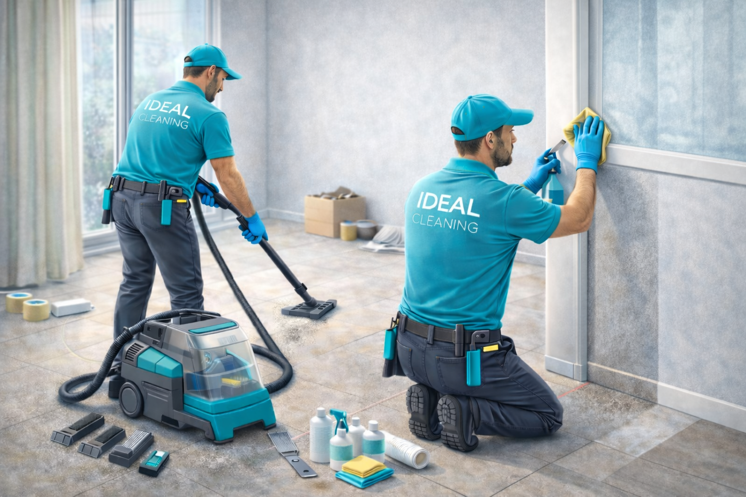 Уборка квартиры после ремонта: клинеры IDEAL CLEANING удаляют строительную пыль HEPA-пылесосом и снимают следы клея со светлых поверхностей.