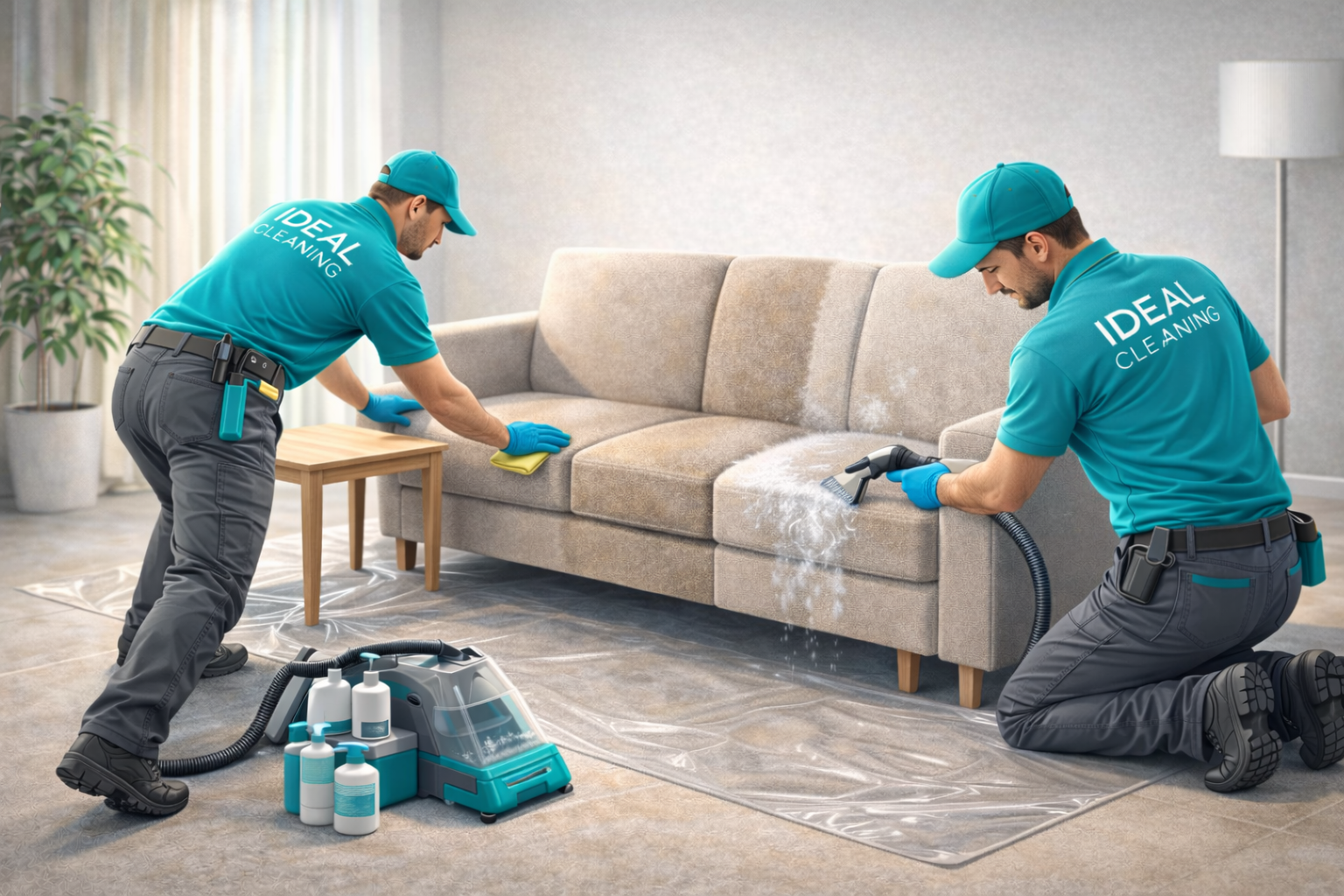 Химчистка мебели на дому: специалисты IDEAL CLEANING очищают диван экстрактором в квартире.