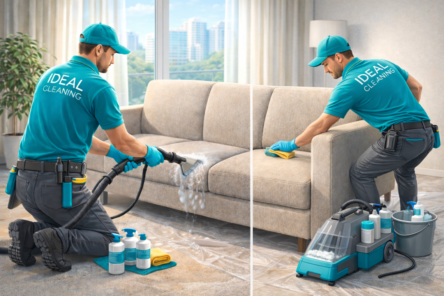 Хімчистка меблів на дому: майстри IDEAL CLEANING чистять диван екстрактором.