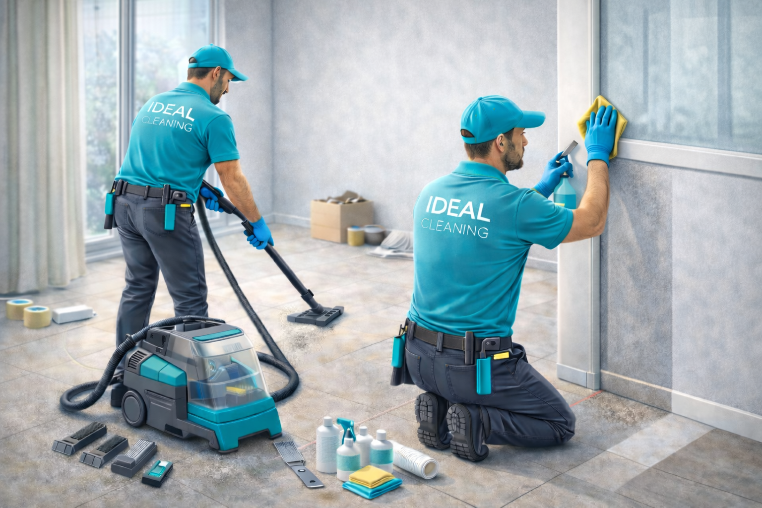 Профессиональный клининг после ремонта: специалисты IDEAL CLEANING убирают строительную пыль и следы материалов.