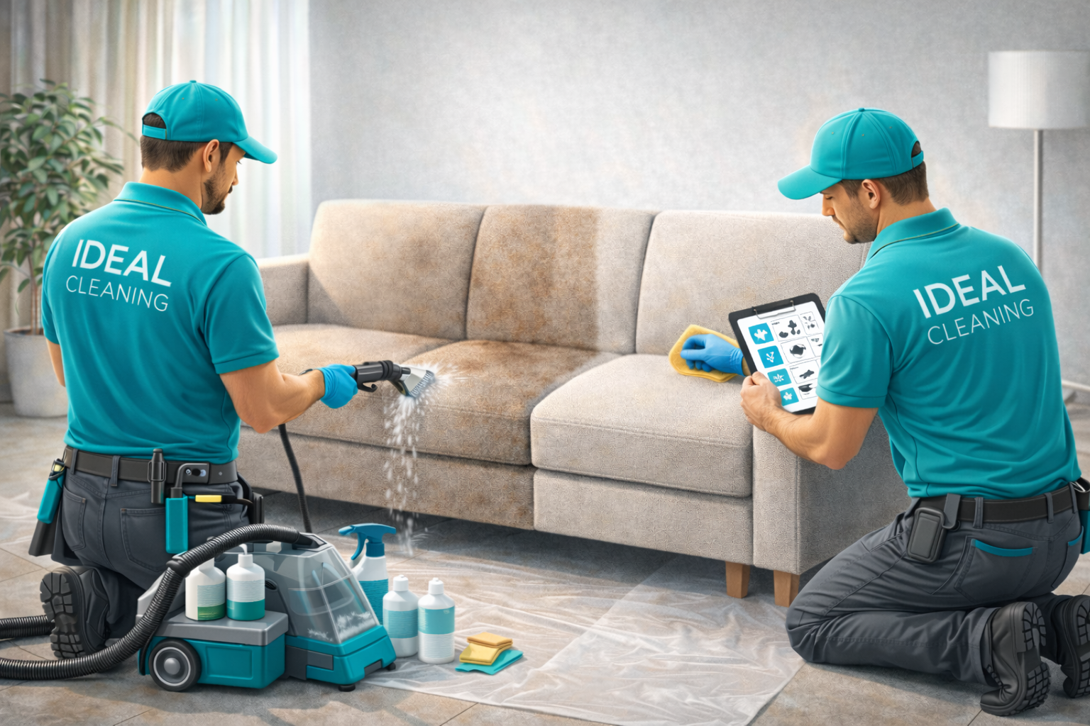 Профессиональная химчистка мебели IDEAL CLEANING: мастера очищают диван экстрактором и удаляют пятна, показывая эффект до/после.