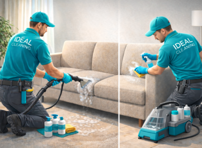 Професійна хімчистка меблів: майстри IDEAL CLEANING чистять диван екстрактором.