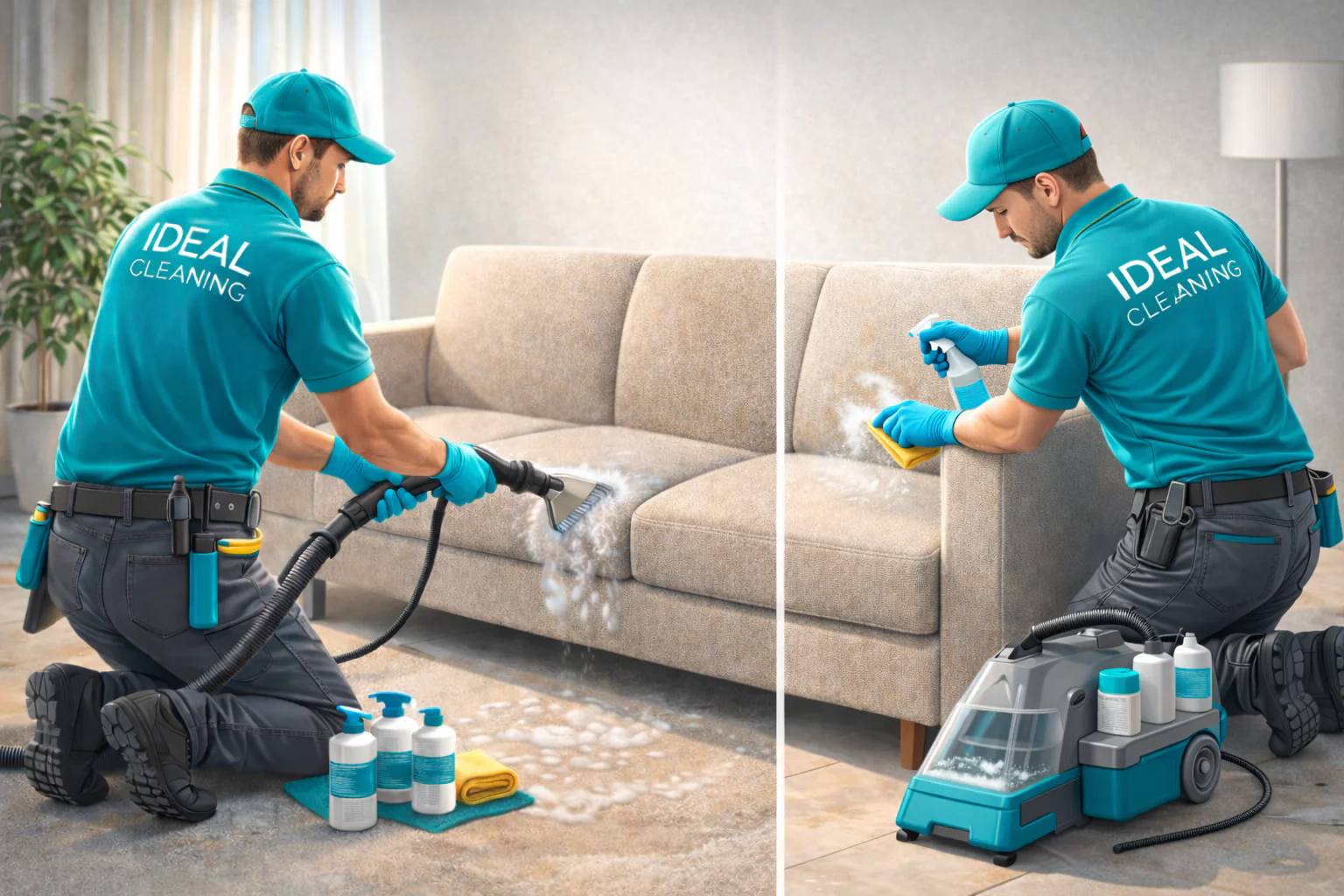 Професійна хімчистка меблів: майстри IDEAL CLEANING чистять диван екстрактором.