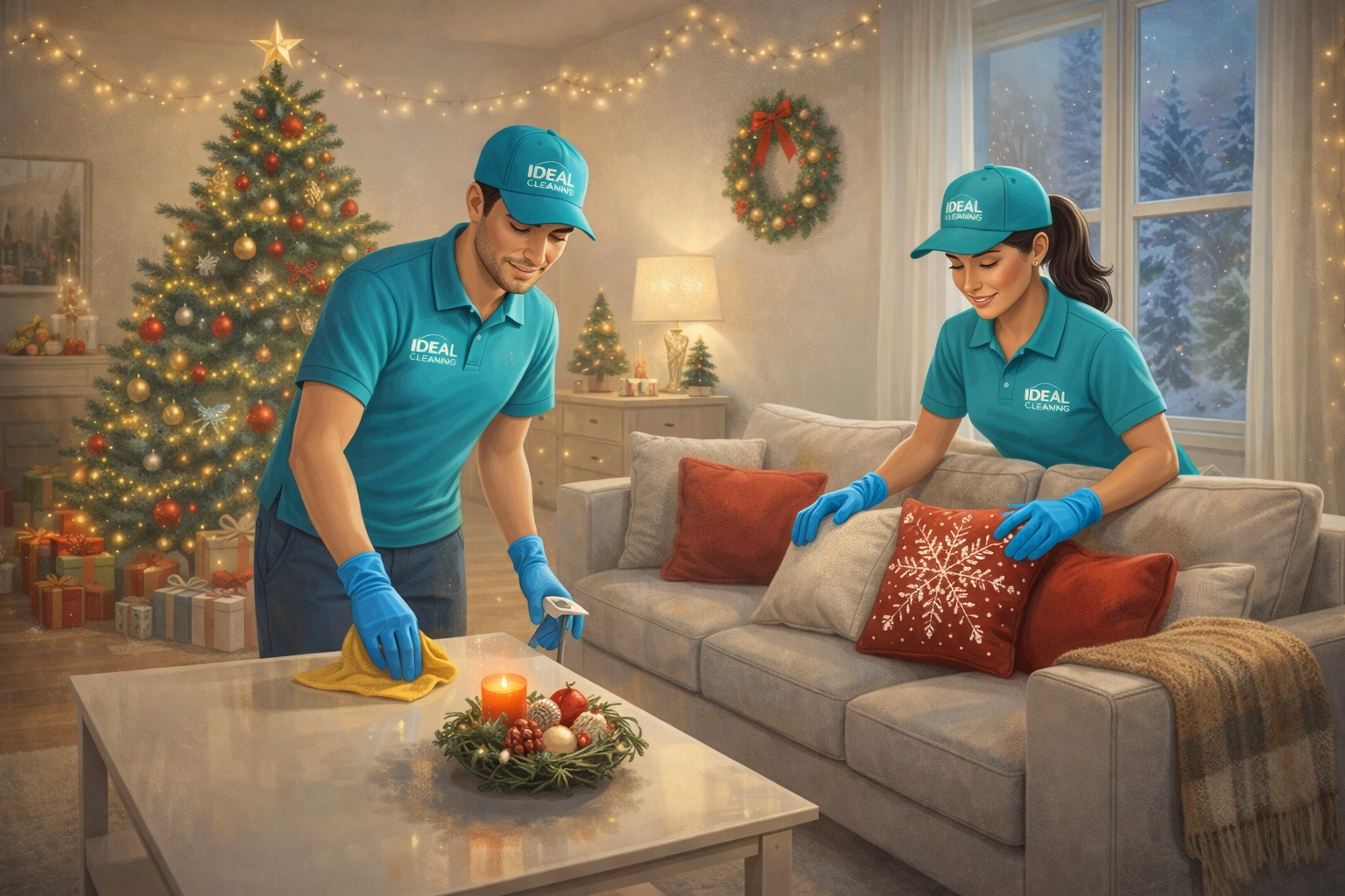Профессиональные клинеры IDEAL CLEANING проводят генеральную уборку гостиной перед праздниками: уборка стола, дивана и подготовка комнаты с новогодней ёлкой