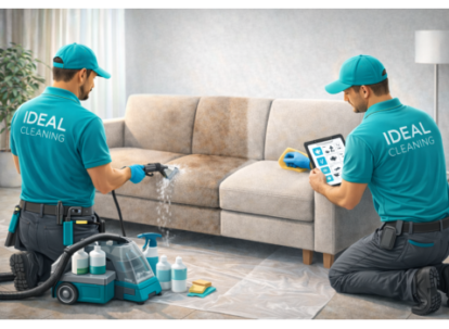 Химчистка мебели после арендаторов: специалисты IDEAL CLEANING удаляют пятна и запахи с дивана экстрактором.