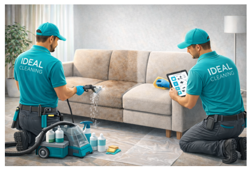 Химчистка мебели после арендаторов: специалисты IDEAL CLEANING удаляют пятна и запахи с дивана экстрактором.