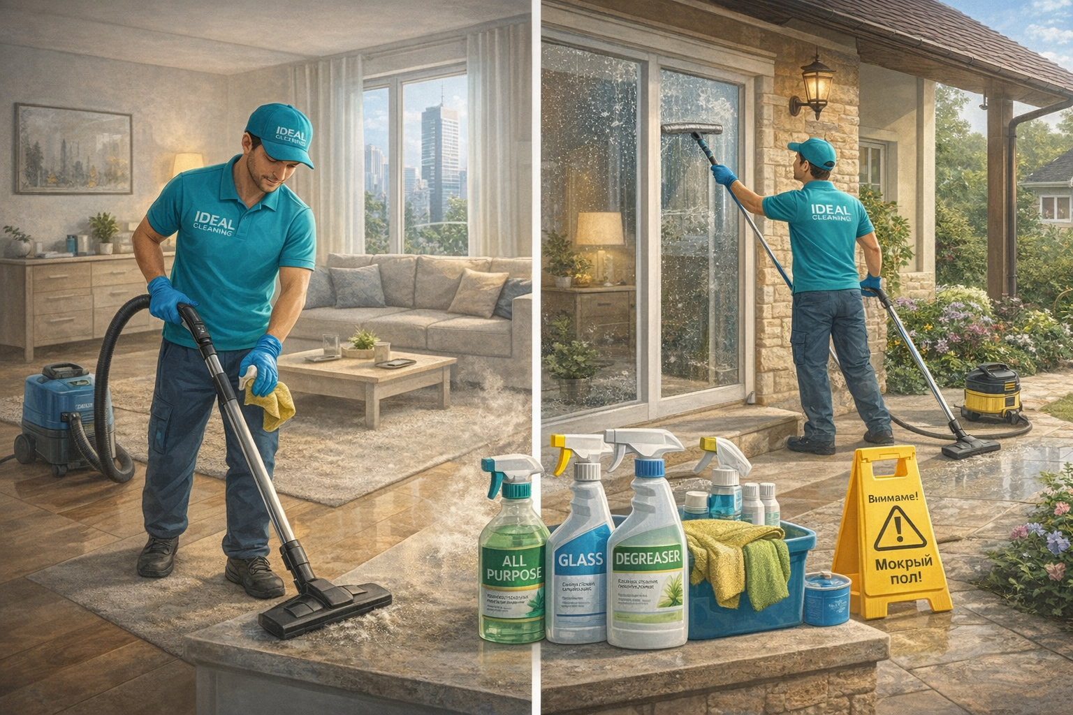 Генеральная уборка квартиры и дома: клинер IDEAL CLEANING убирает квартиру пылесосом и протирает поверхности, другая команда моет окна и фасад частного дома, демонстрируя различия в уборке.
