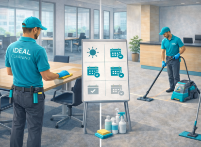 Офисная уборка IDEAL CLEANING: клинеры убирают офис и планируют график регулярной уборки.