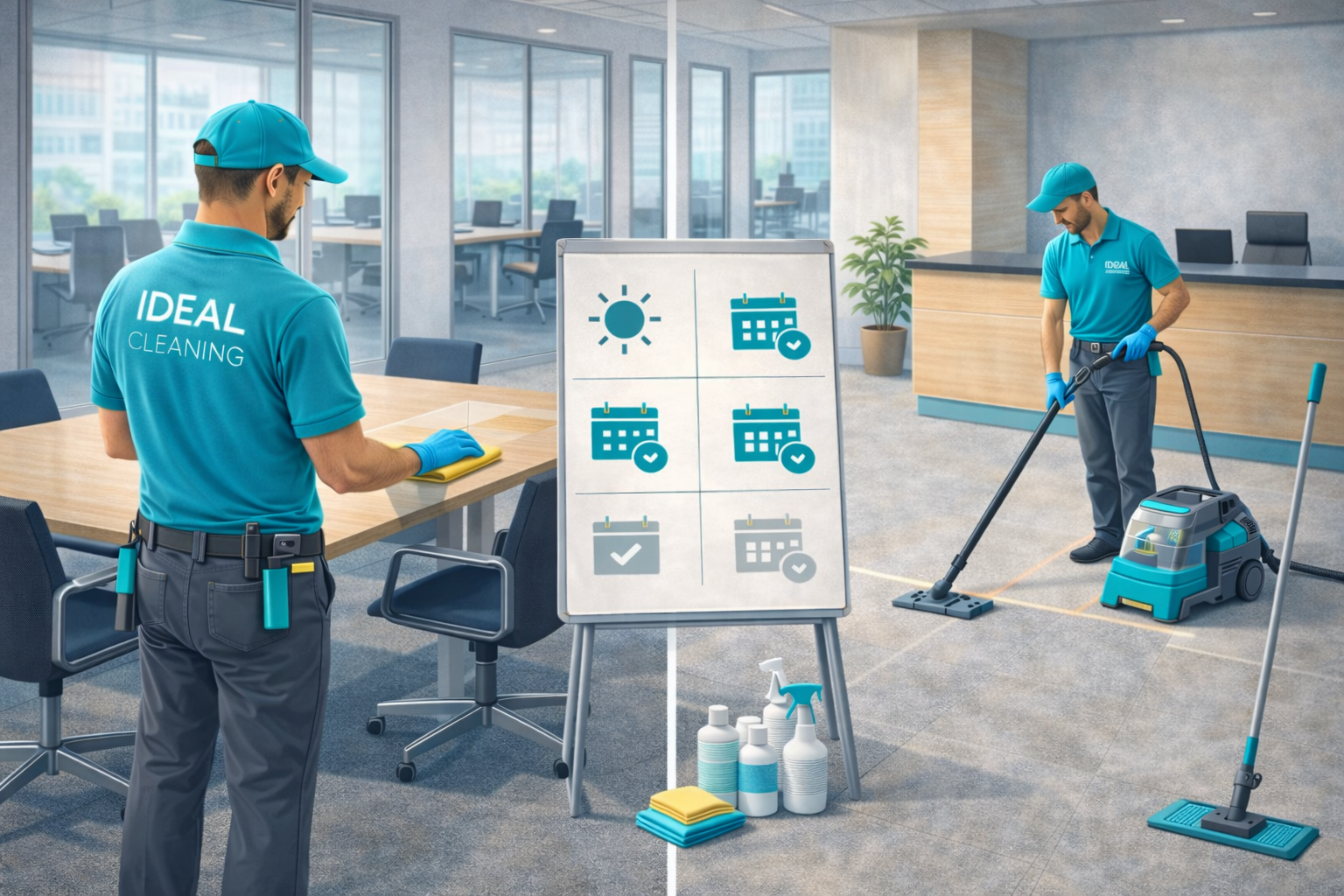 Офисная уборка IDEAL CLEANING: клинеры убирают офис и планируют график регулярной уборки.