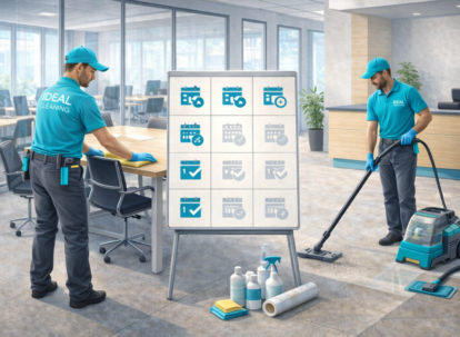 Офісне прибирання за графіком: клінери IDEAL CLEANING прибирають робочі зони та переговорну.