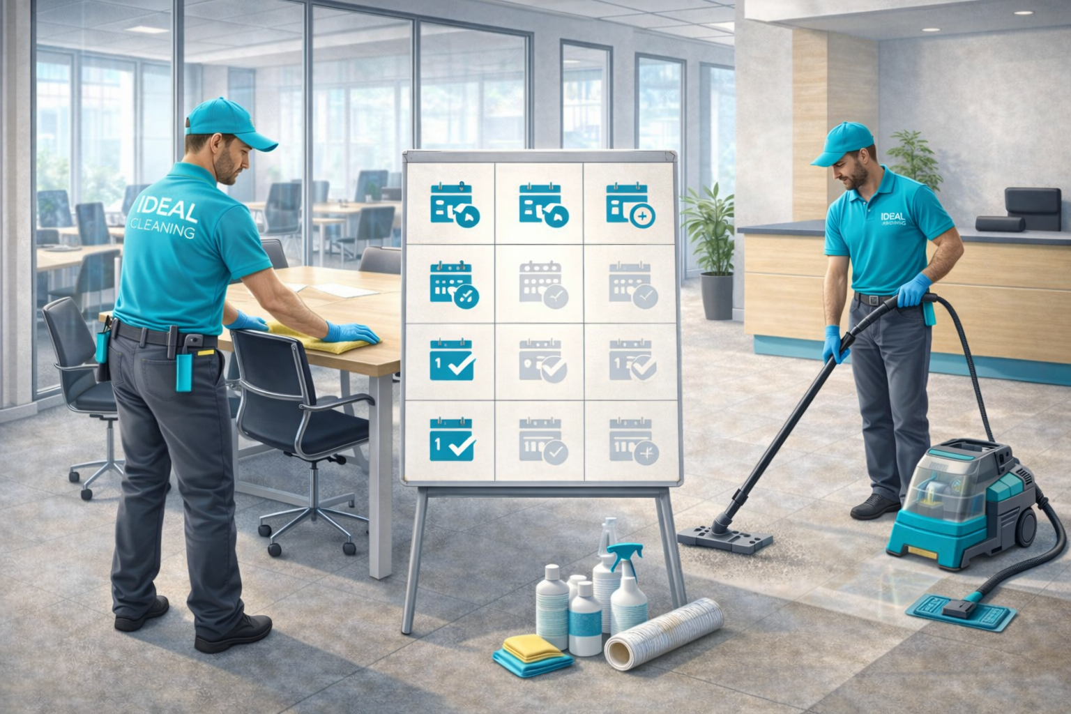 Офісне прибирання за графіком: клінери IDEAL CLEANING прибирають робочі зони та переговорну.