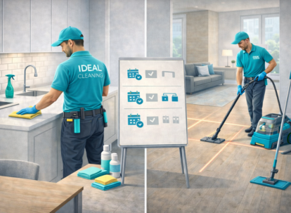 Поддерживающая уборка квартиры: клинеры IDEAL CLEANING протирают поверхности и убирают пол.