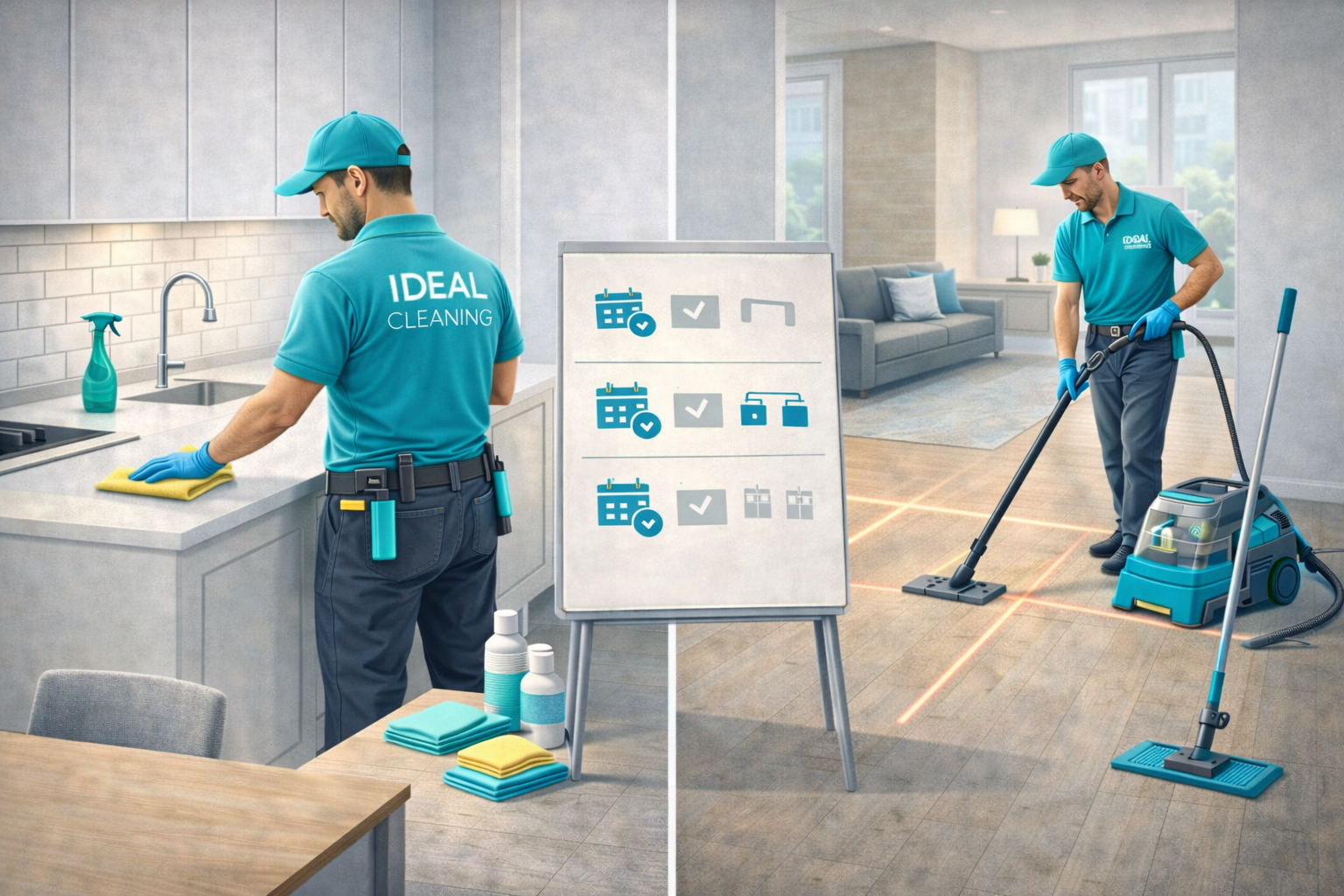 Поддерживающая уборка квартиры: клинеры IDEAL CLEANING протирают поверхности и убирают пол.
