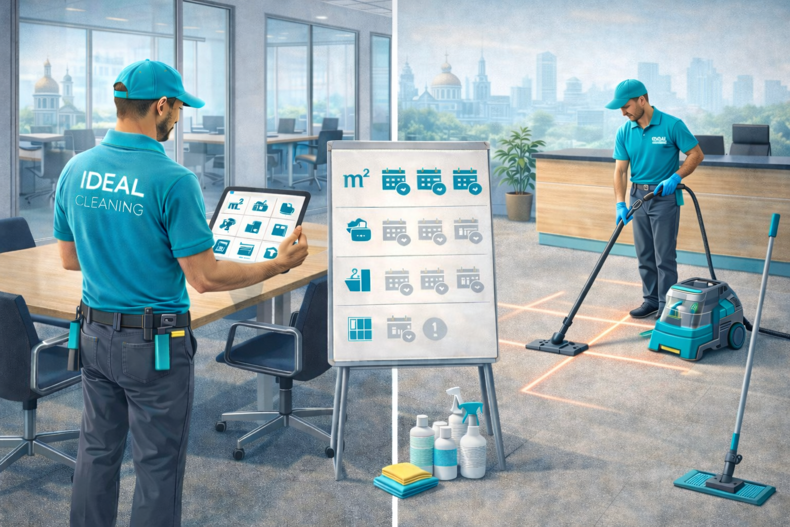 Офисная уборка в Киеве: клинеры IDEAL CLEANING оценивают офис и формируют график работ.