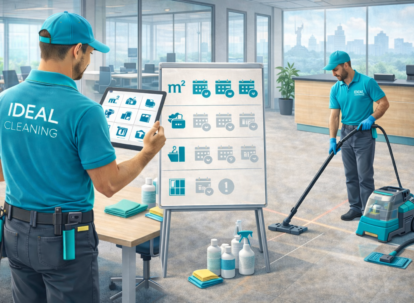 Офісне прибирання у Києві: спеціалісти IDEAL CLEANING оцінюють площу та графік робіт у сучасному офісі.