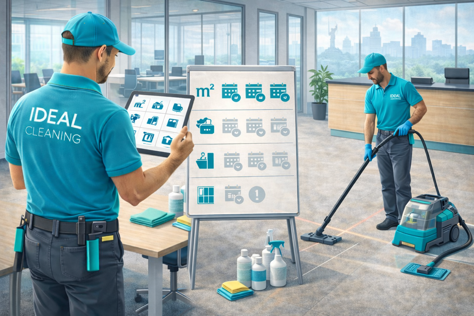 Офісне прибирання у Києві: спеціалісти IDEAL CLEANING оцінюють площу та графік робіт у сучасному офісі.